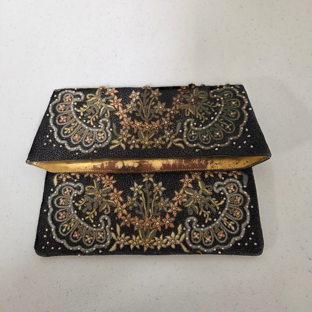 Original Marhet Rio de Janeiro Vintage Beaded Floral Envelope Clutch Black Gold